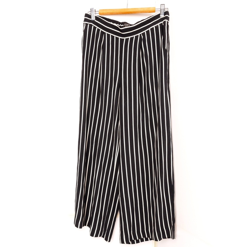 Loft Straight  Wide Leg Striped Pants Black White Size S Pockets Elastic Waist